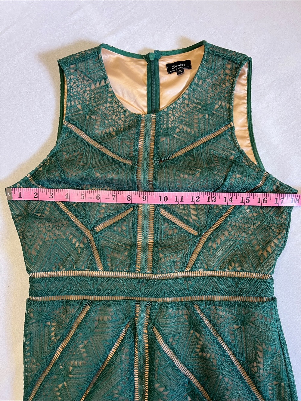 Bardot Eve Dark Green Sheer Crochet Lace Illusion Sleeveless Sheath Midi Dress 8 - Picture 13 of 16